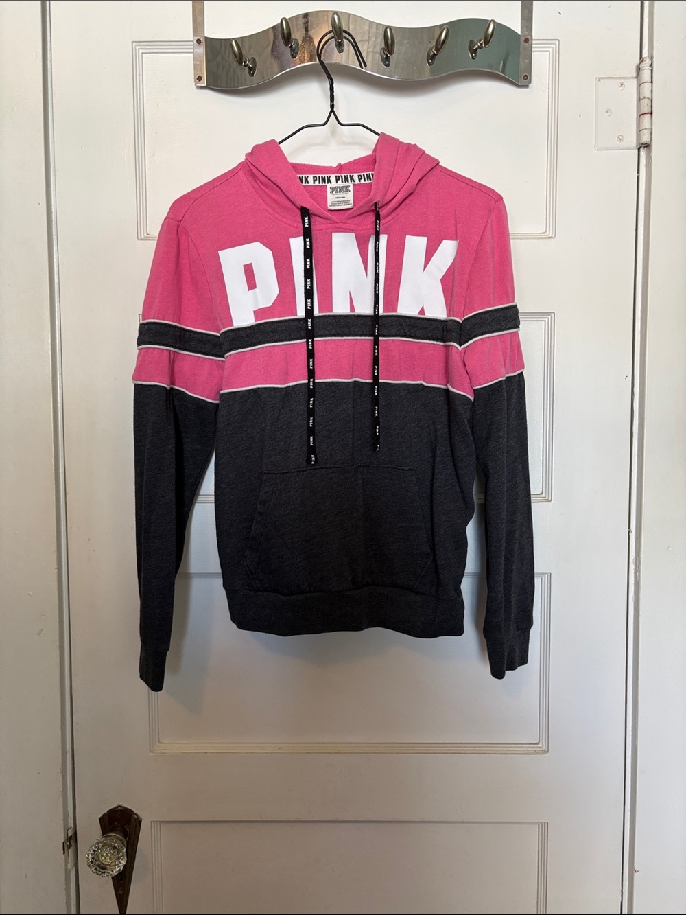 PINK Victoria's Secret Pink and Dark Gray Colorblock Hoodie Sweater Size M